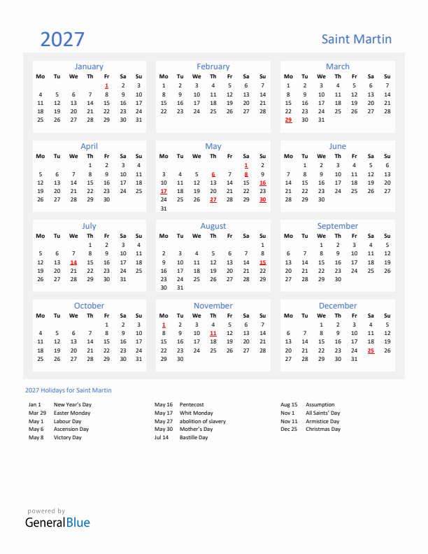 Basic Yearly Calendar with Holidays in Saint Martin for 2027 