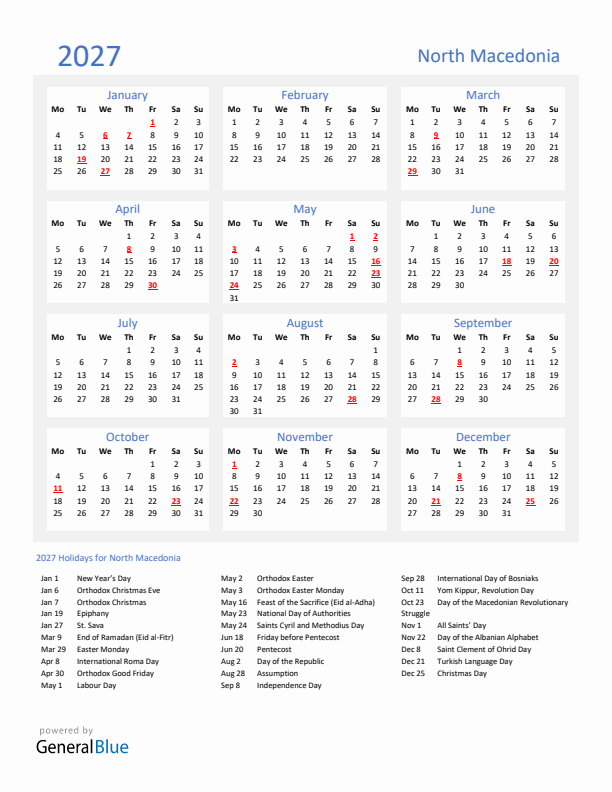 Basic Yearly Calendar with Holidays in North Macedonia for 2027 