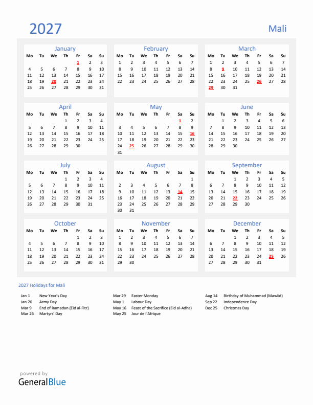 Basic Yearly Calendar with Holidays in Mali for 2027 
