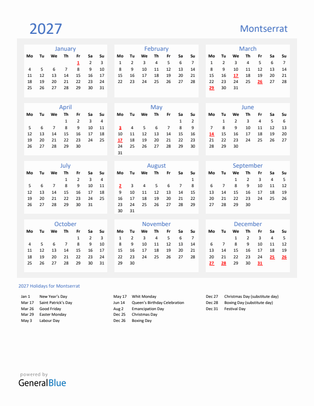 Basic Yearly Calendar with Holidays in Montserrat for 2027 
