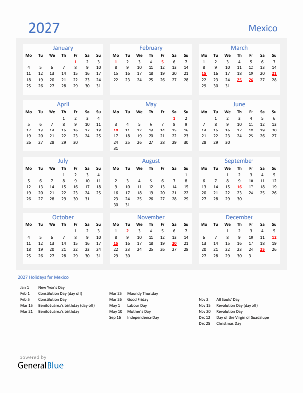 Basic Yearly Calendar with Holidays in Mexico for 2027