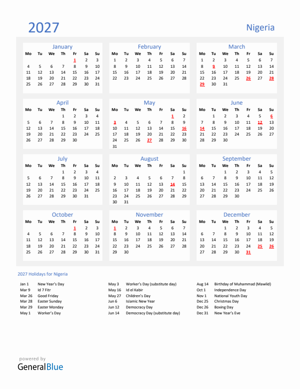 Basic Yearly Calendar with Holidays in Nigeria for 2027 