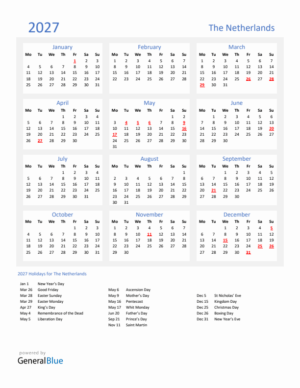 Basic Yearly Calendar with Holidays in The Netherlands for 2027