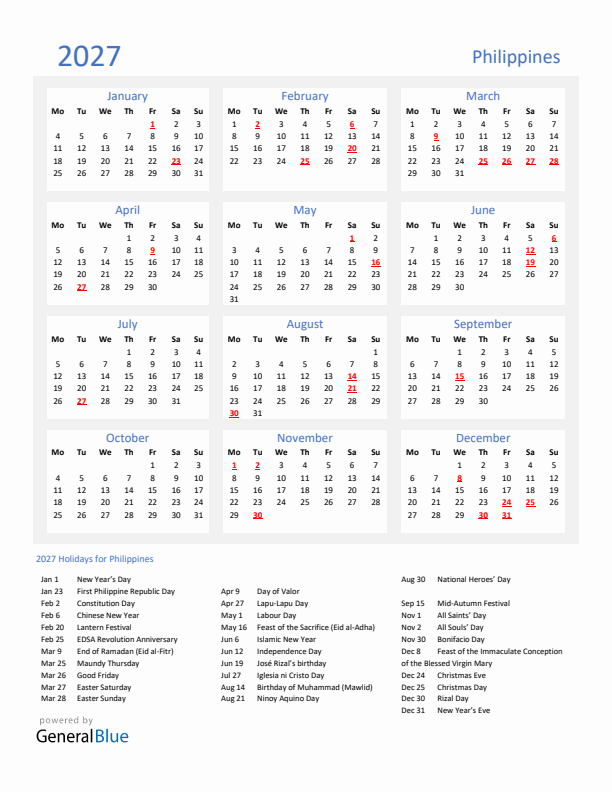 Basic Yearly Calendar with Holidays in Philippines for 2027