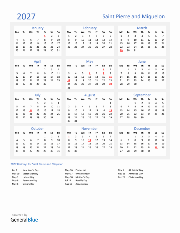 Basic Yearly Calendar with Holidays in Saint Pierre and Miquelon for 2027 