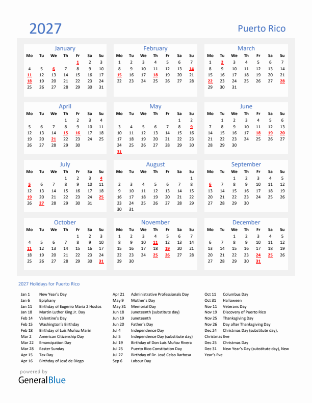 Basic Yearly Calendar with Holidays in Puerto Rico for 2027 
