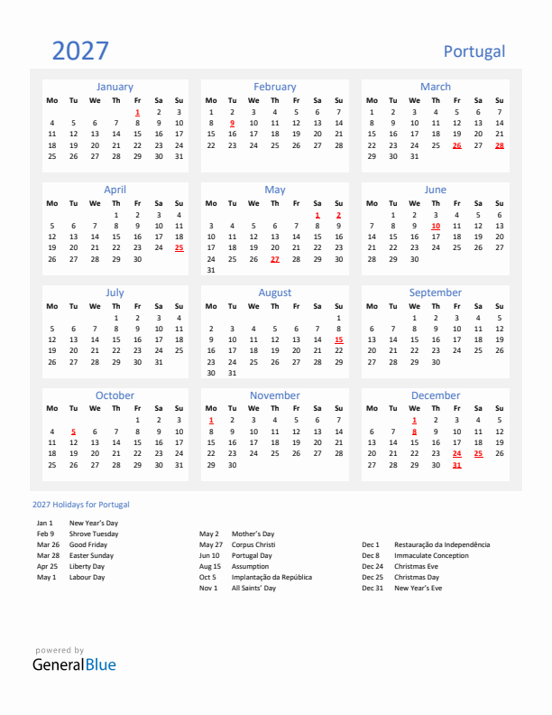 Basic Yearly Calendar with Holidays in Portugal for 2027