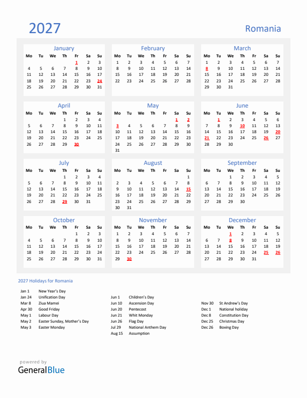 Basic Yearly Calendar with Holidays in Romania for 2027