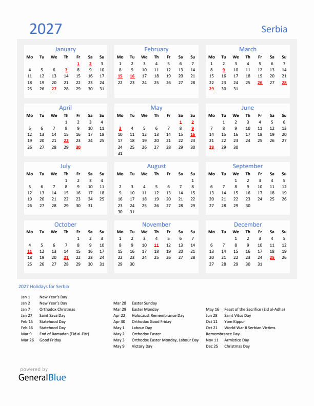 Basic Yearly Calendar with Holidays in Serbia for 2027