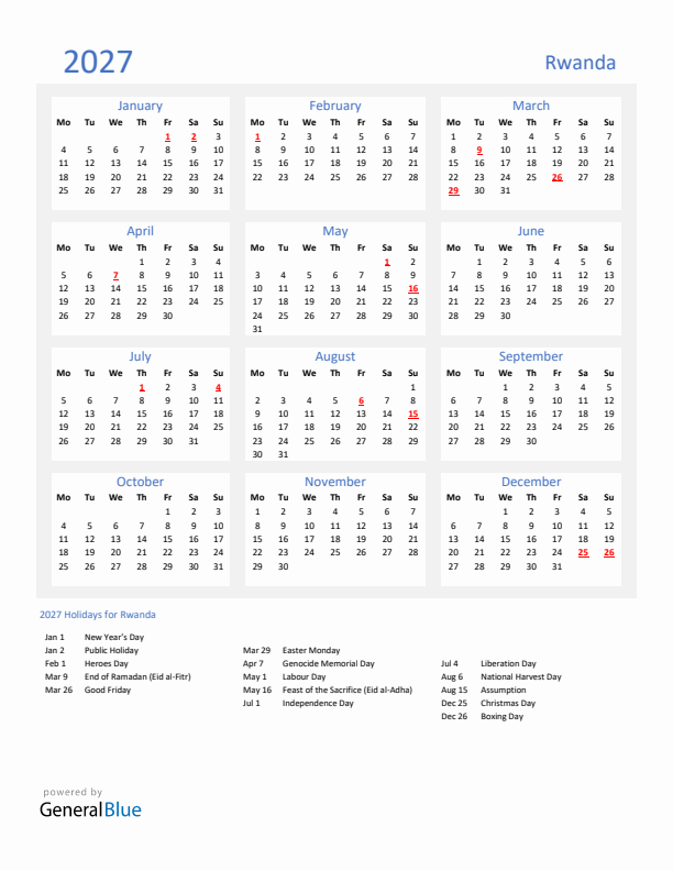 Basic Yearly Calendar with Holidays in Rwanda for 2027