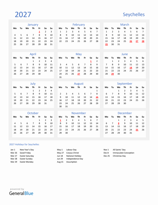 Basic Yearly Calendar with Holidays in Seychelles for 2027 