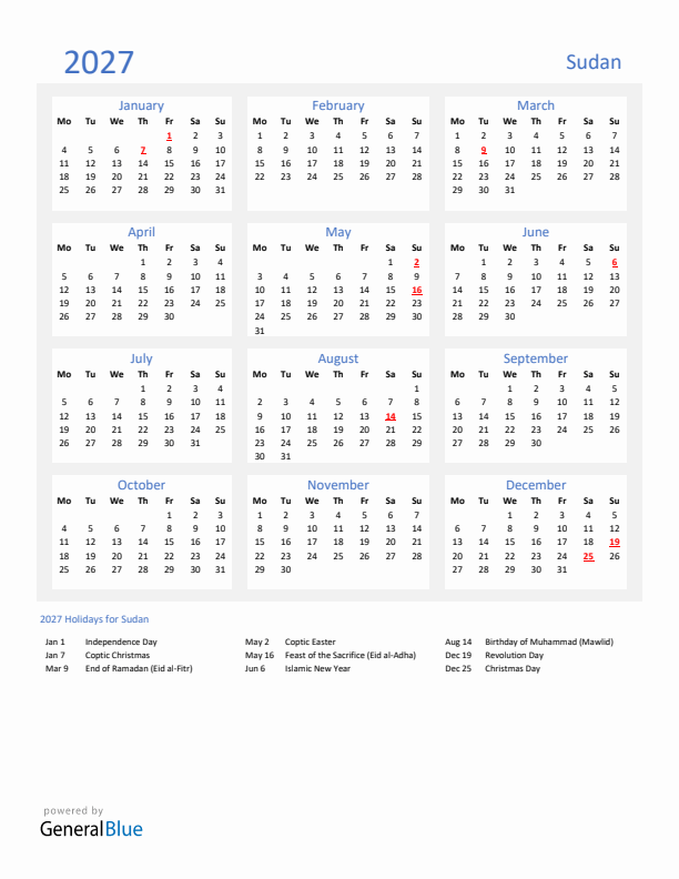 Basic Yearly Calendar with Holidays in Sudan for 2027 