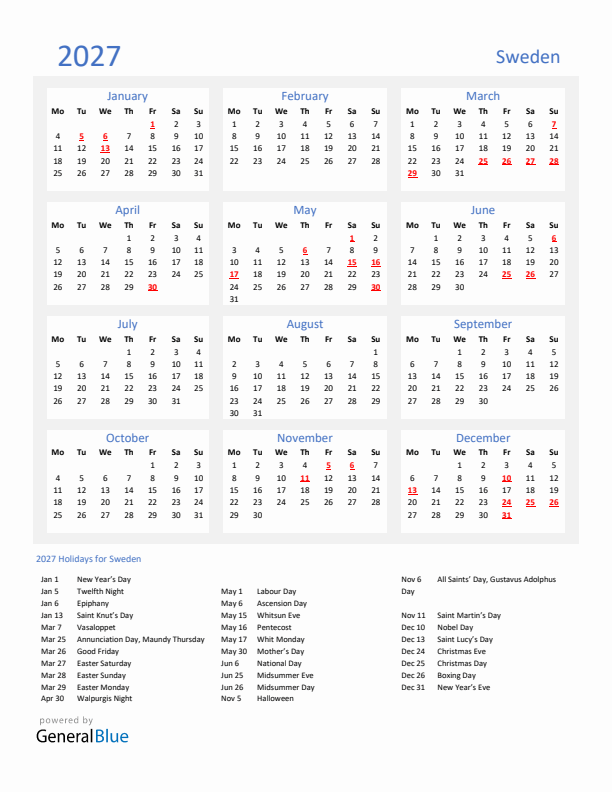 Basic Yearly Calendar with Holidays in Sweden for 2027