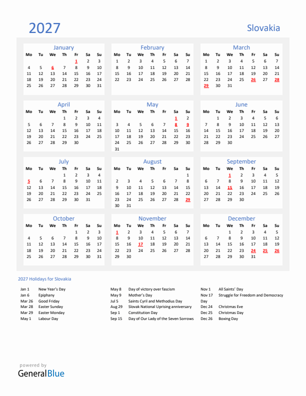 Basic Yearly Calendar with Holidays in Slovakia for 2027