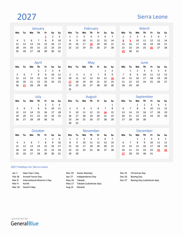 Basic Yearly Calendar with Holidays in Sierra Leone for 2027 