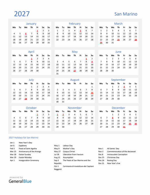 Basic Yearly Calendar with Holidays in San Marino for 2027