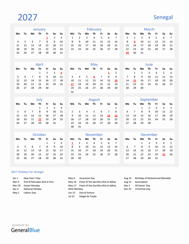 Basic Yearly Calendar with Holidays in Senegal for 2027 