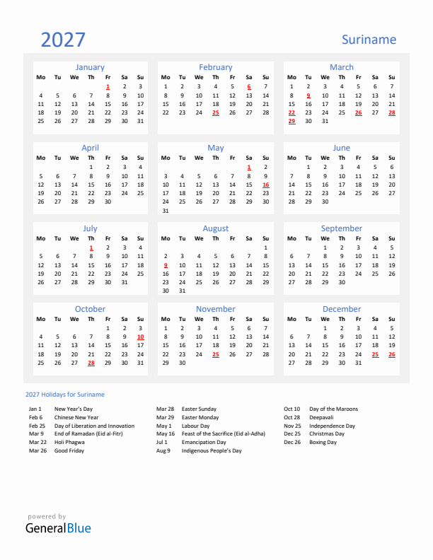 Basic Yearly Calendar with Holidays in Suriname for 2027 