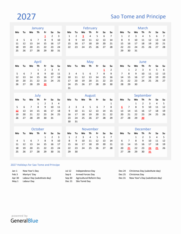 Basic Yearly Calendar with Holidays in Sao Tome and Principe for 2027 