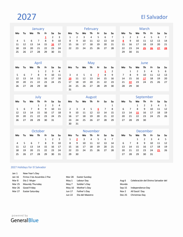 Basic Yearly Calendar with Holidays in El Salvador for 2027