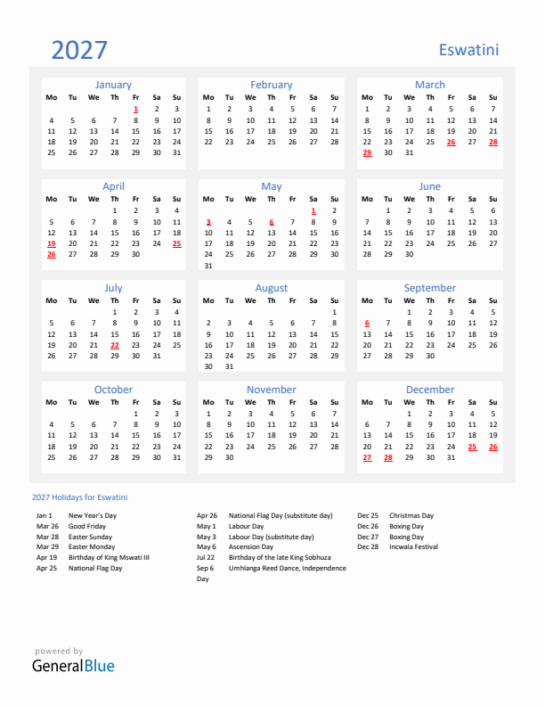 Basic Yearly Calendar with Holidays in Eswatini for 2027 