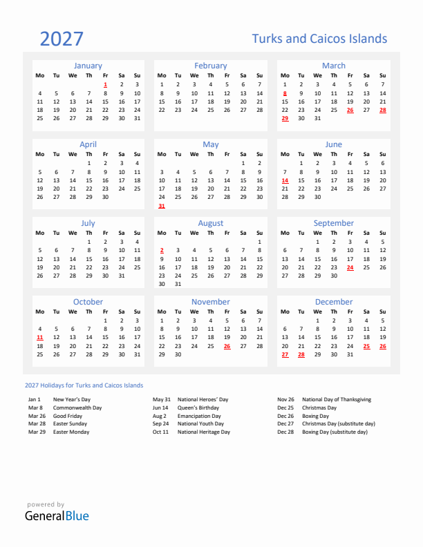 Basic Yearly Calendar with Holidays in Turks and Caicos Islands for 2027 