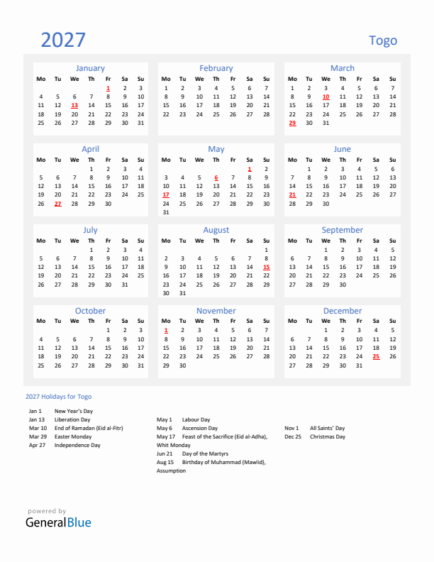 Basic Yearly Calendar with Holidays in Togo for 2027