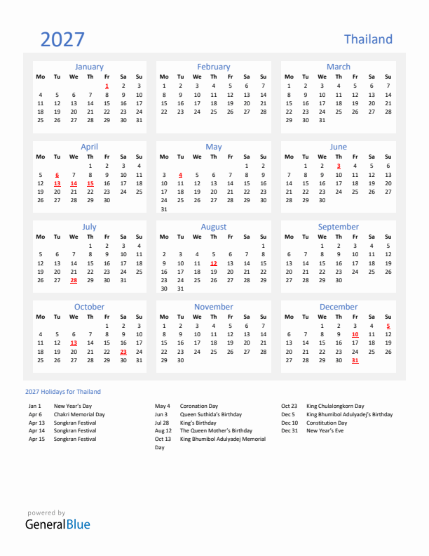 Basic Yearly Calendar with Holidays in Thailand for 2027 