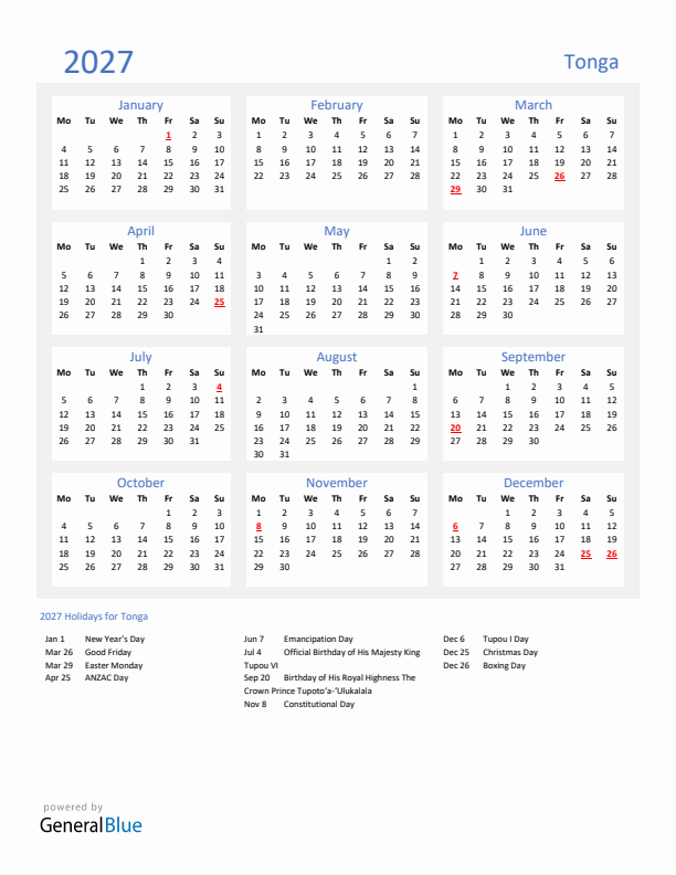 Basic Yearly Calendar with Holidays in Tonga for 2027 