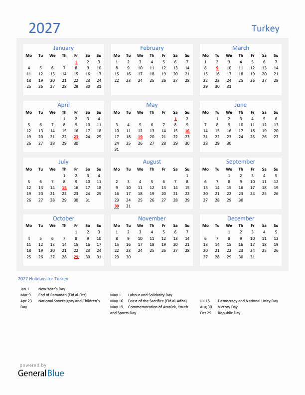 Basic Yearly Calendar with Holidays in Turkey for 2027