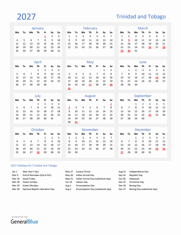 Basic Yearly Calendar with Holidays in Trinidad and Tobago for 2027 