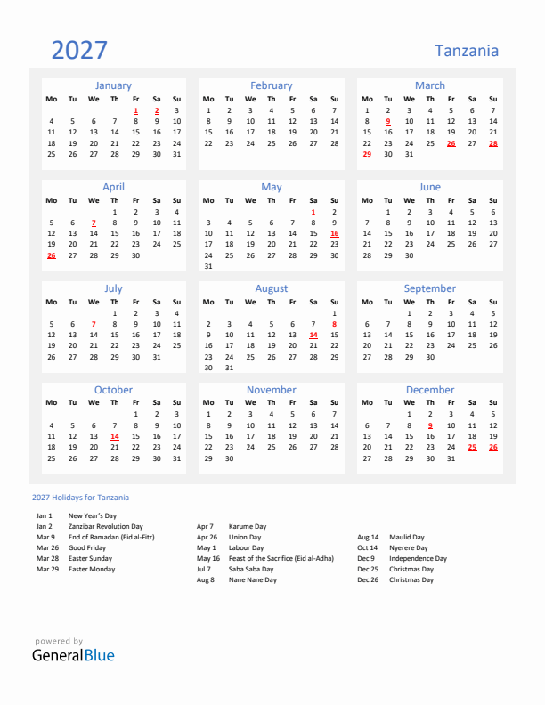 Basic Yearly Calendar with Holidays in Tanzania for 2027