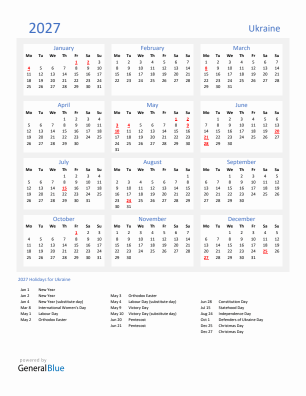 Basic Yearly Calendar with Holidays in Ukraine for 2027