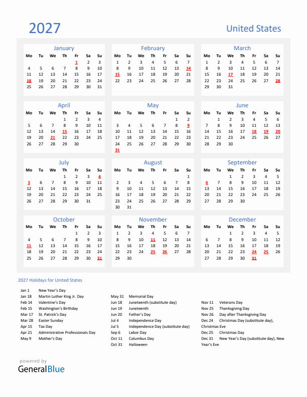 Basic Yearly Calendar with Holidays in United States for 2027