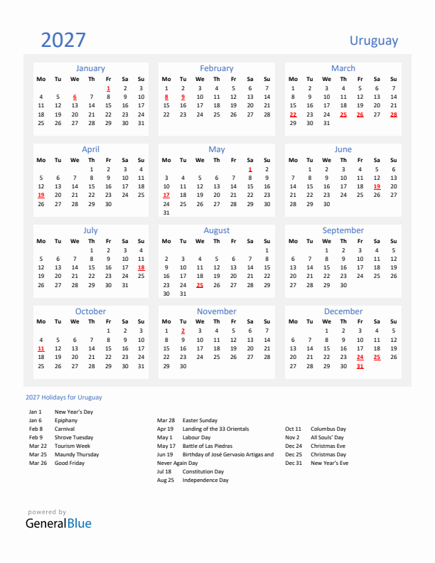 Basic Yearly Calendar with Holidays in Uruguay for 2027