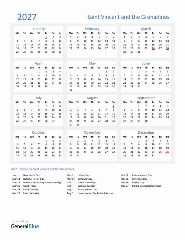 Basic Yearly Calendar with Holidays in Saint Vincent and the Grenadines for 2027 