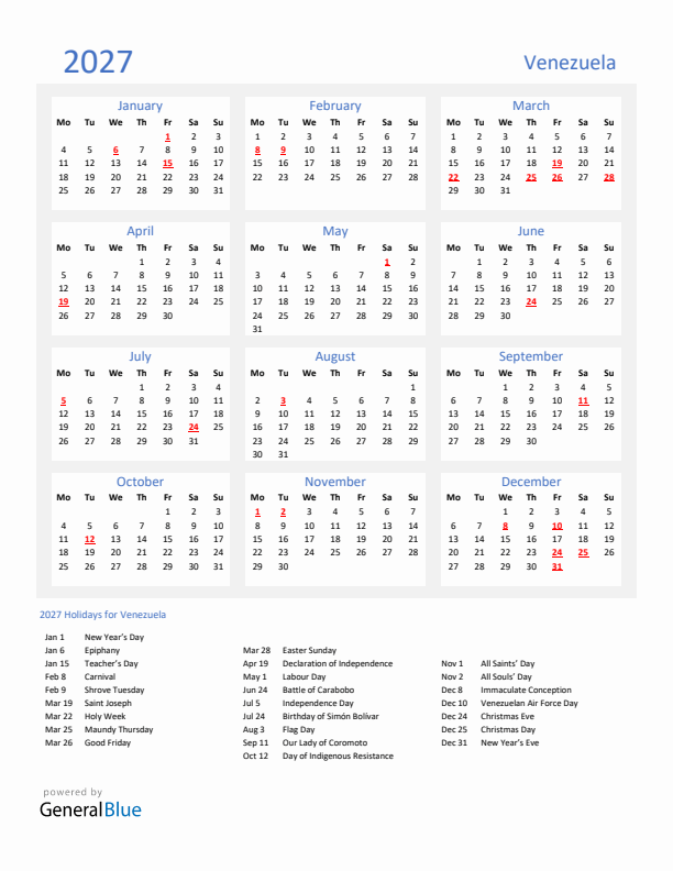 Basic Yearly Calendar with Holidays in Venezuela for 2027