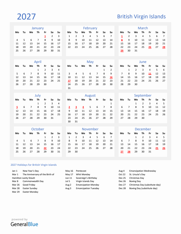 Basic Yearly Calendar with Holidays in British Virgin Islands for 2027 