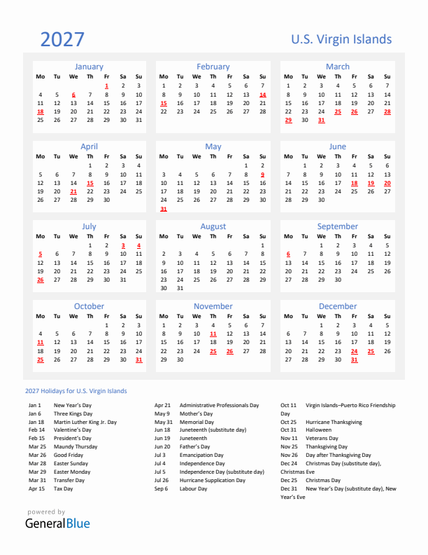 Basic Yearly Calendar with Holidays in U.S. Virgin Islands for 2027 