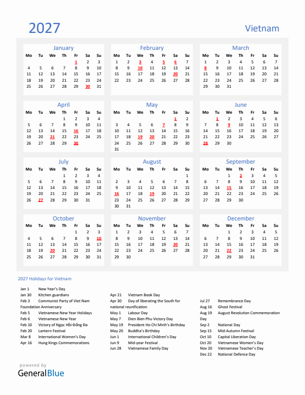 Basic Yearly Calendar with Holidays in Vietnam for 2027