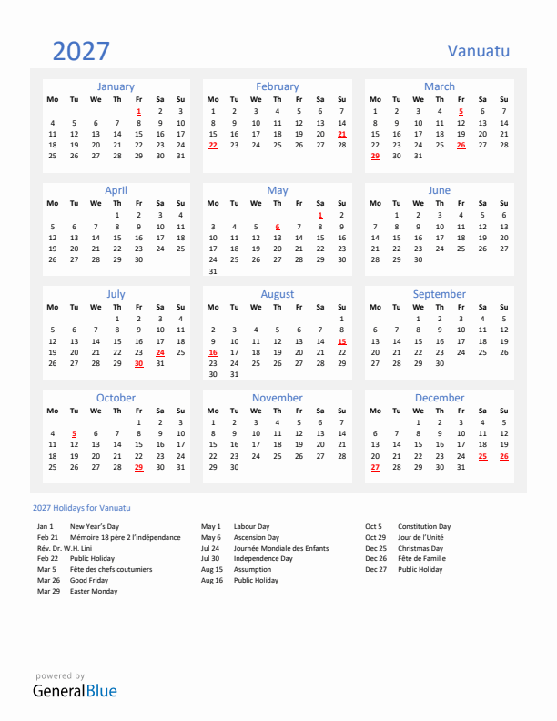 Basic Yearly Calendar with Holidays in Vanuatu for 2027 