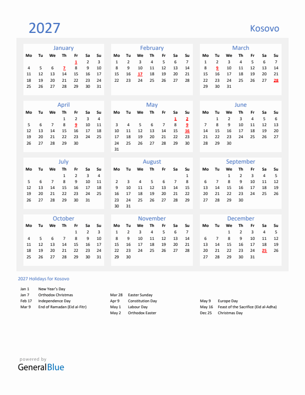 Basic Yearly Calendar with Holidays in Kosovo for 2027