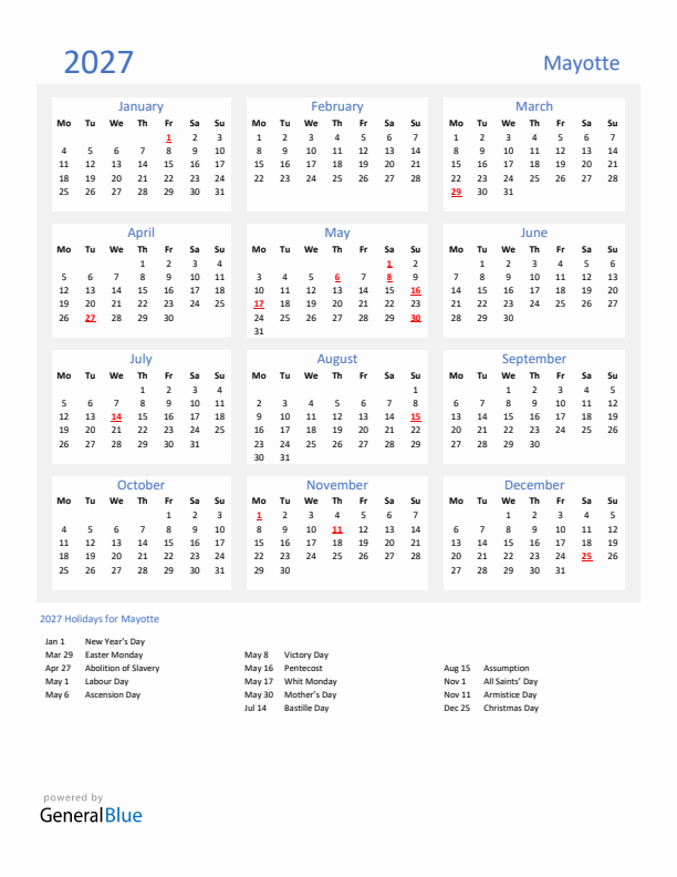 Basic Yearly Calendar with Holidays in Mayotte for 2027