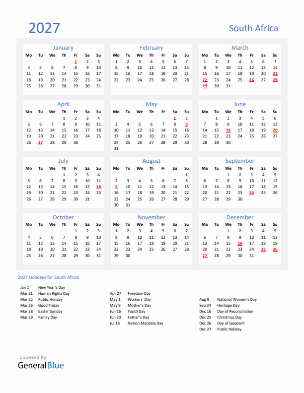 Basic Yearly Calendar with Holidays in South Africa for 2027