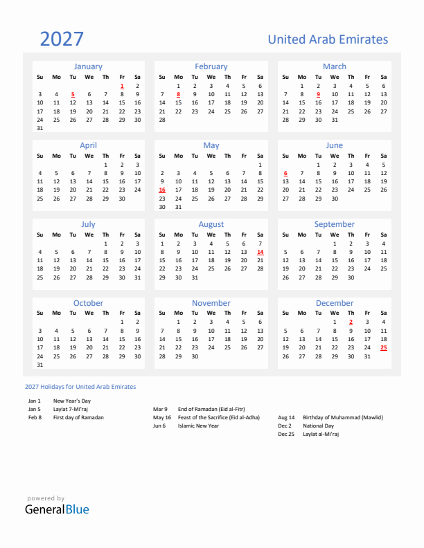 Basic Yearly Calendar with Holidays in United Arab Emirates for 2027