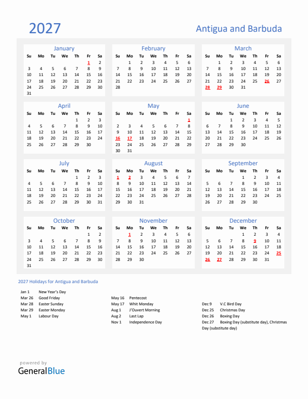 Basic Yearly Calendar with Holidays in Antigua and Barbuda for 2027