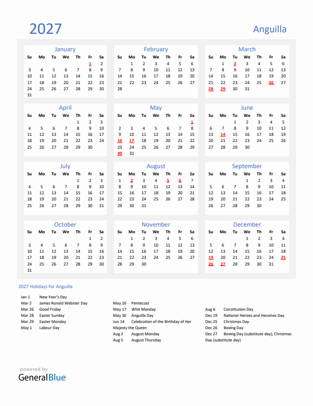Basic Yearly Calendar with Holidays in Anguilla for 2027