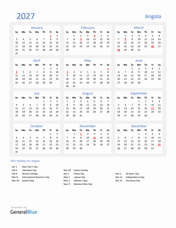 Basic Yearly Calendar with Holidays in Angola for 2027