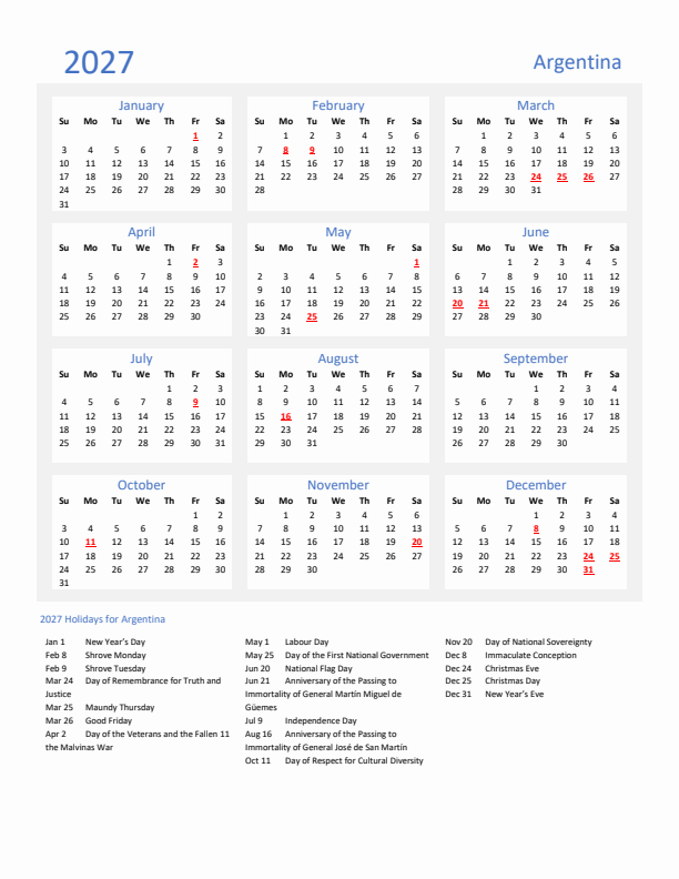 Basic Yearly Calendar with Holidays in Argentina for 2027 