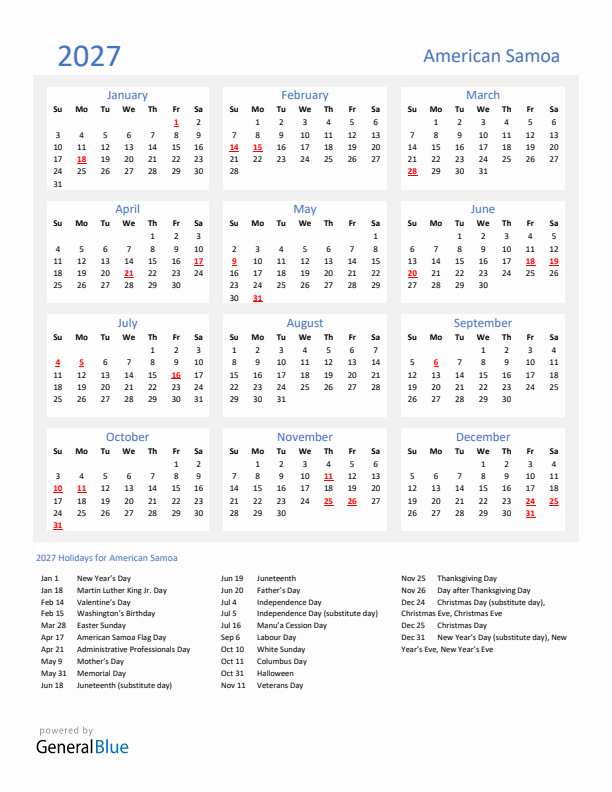 Basic Yearly Calendar with Holidays in American Samoa for 2027 